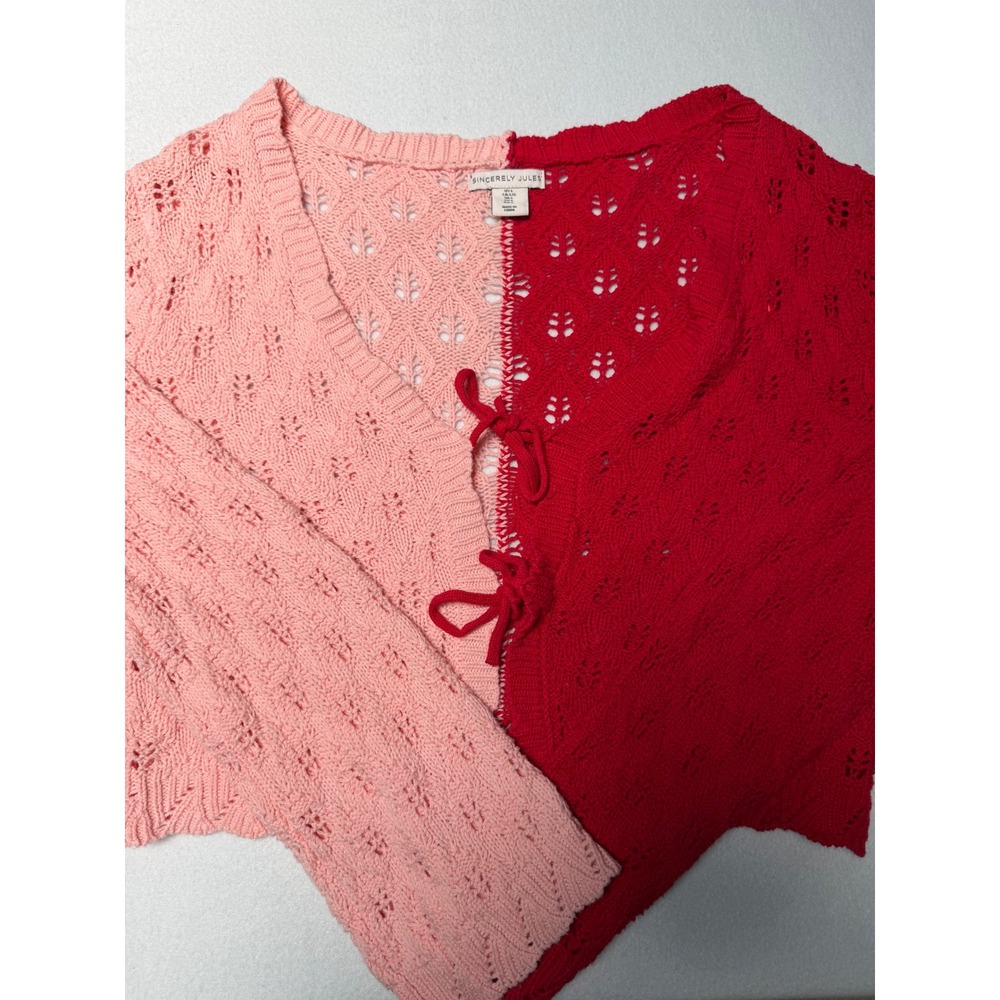 Sincerely Jules Pink Red Colorblock Pointelle Knit Tie Front Cardigan L ST20858